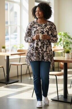 LOGO by Lori Goldstein Tunic Top Womens L Multicolor Floral Animal Print